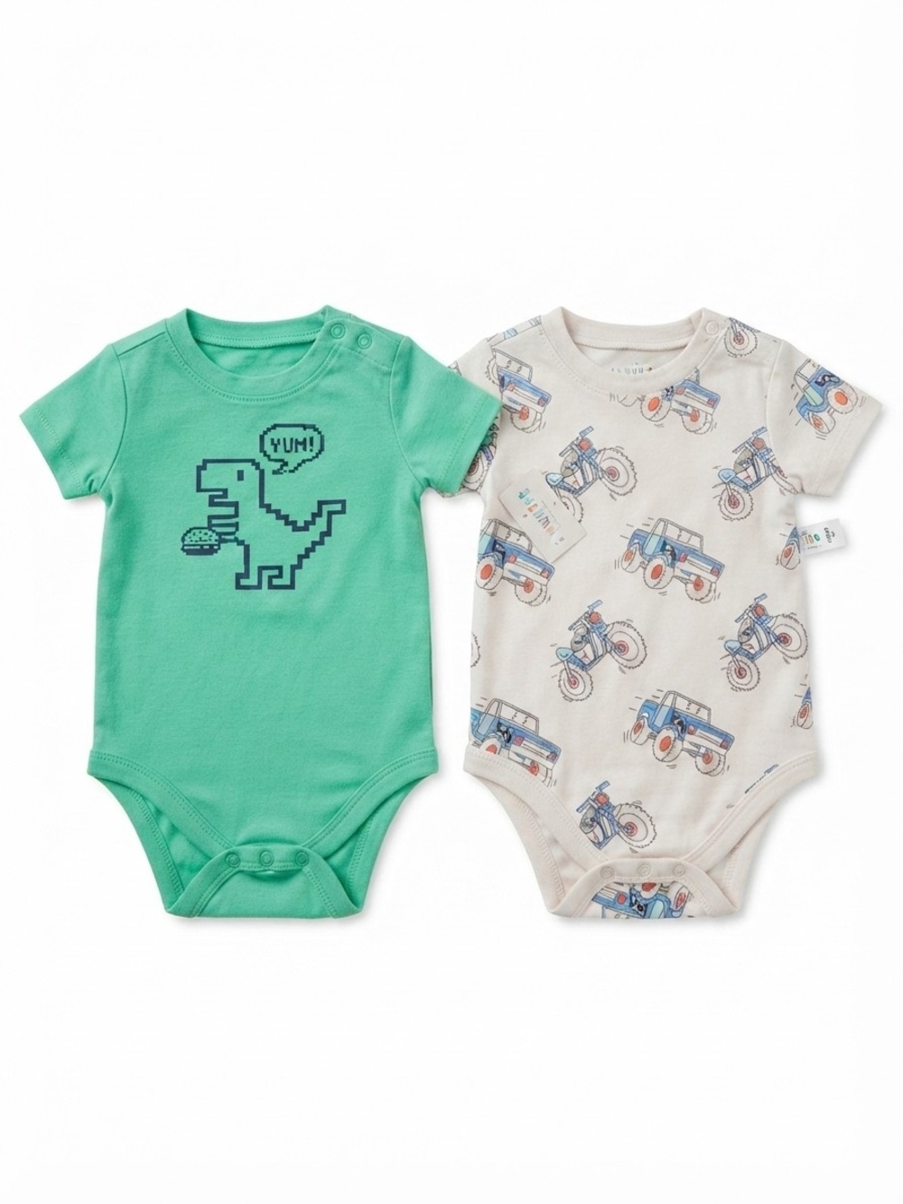 2-Pack Baby Bodysuits with Dinosaur & Vehicle Prints - Green & Cream